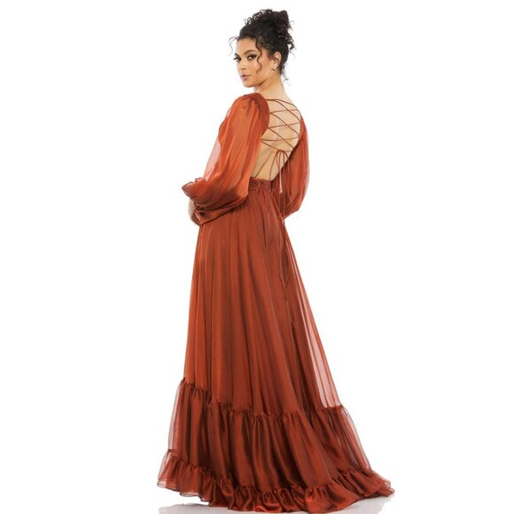 Mac Duggal Size 4 Copper Chiffon Corset Lace Up Back Long Sleeve Maxi Dress Gown - Picture 5 of 5